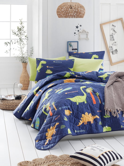 L'essentiel linge de maison Dinolar - Dark Blue Juego de colcha doble con colores azul, verde, naranja y rojo